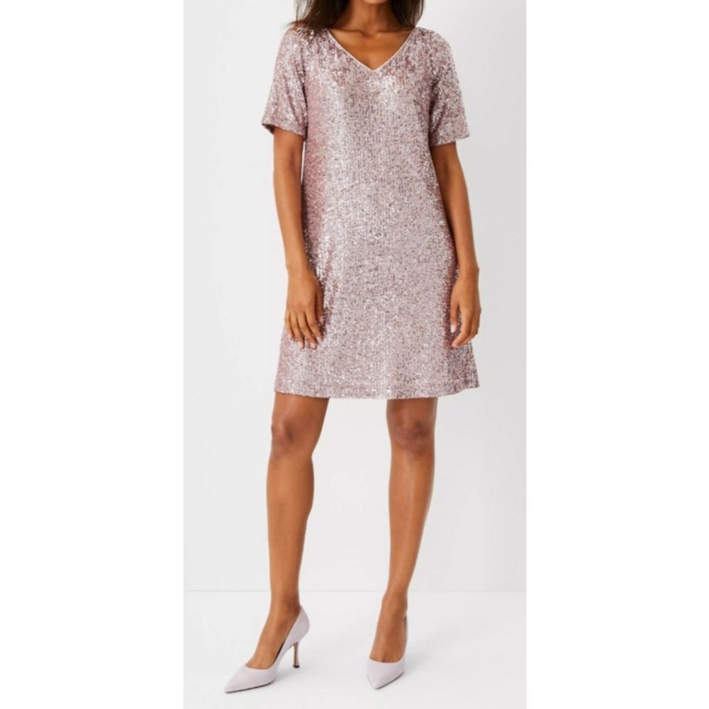 Ann Taylor Sequin Shift Dress Womens 4 Rose Gold NEW Short Sleeve V-Neck 599172